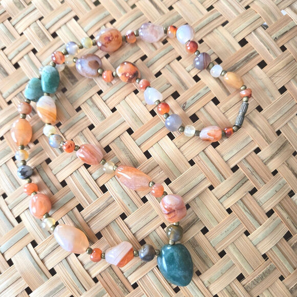 Vintage Natural Agate Beggars Beads Polished Stone Necklace Brass Spacers - Picture 2 of 8